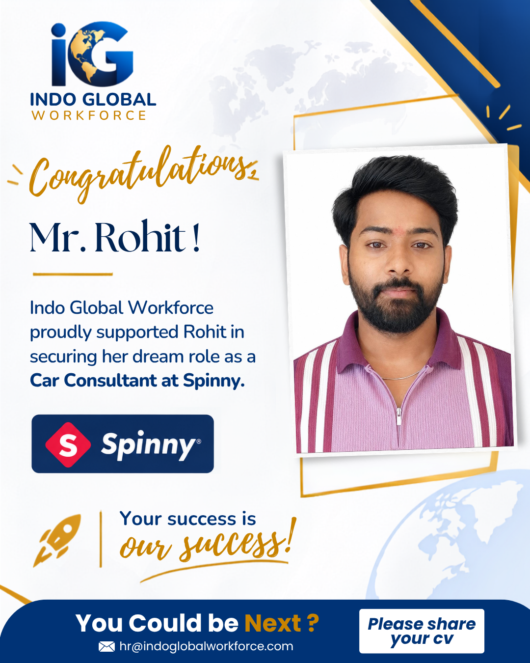 Rohit placed as Car Consultant at Spinny with support from Indo Global Workforce