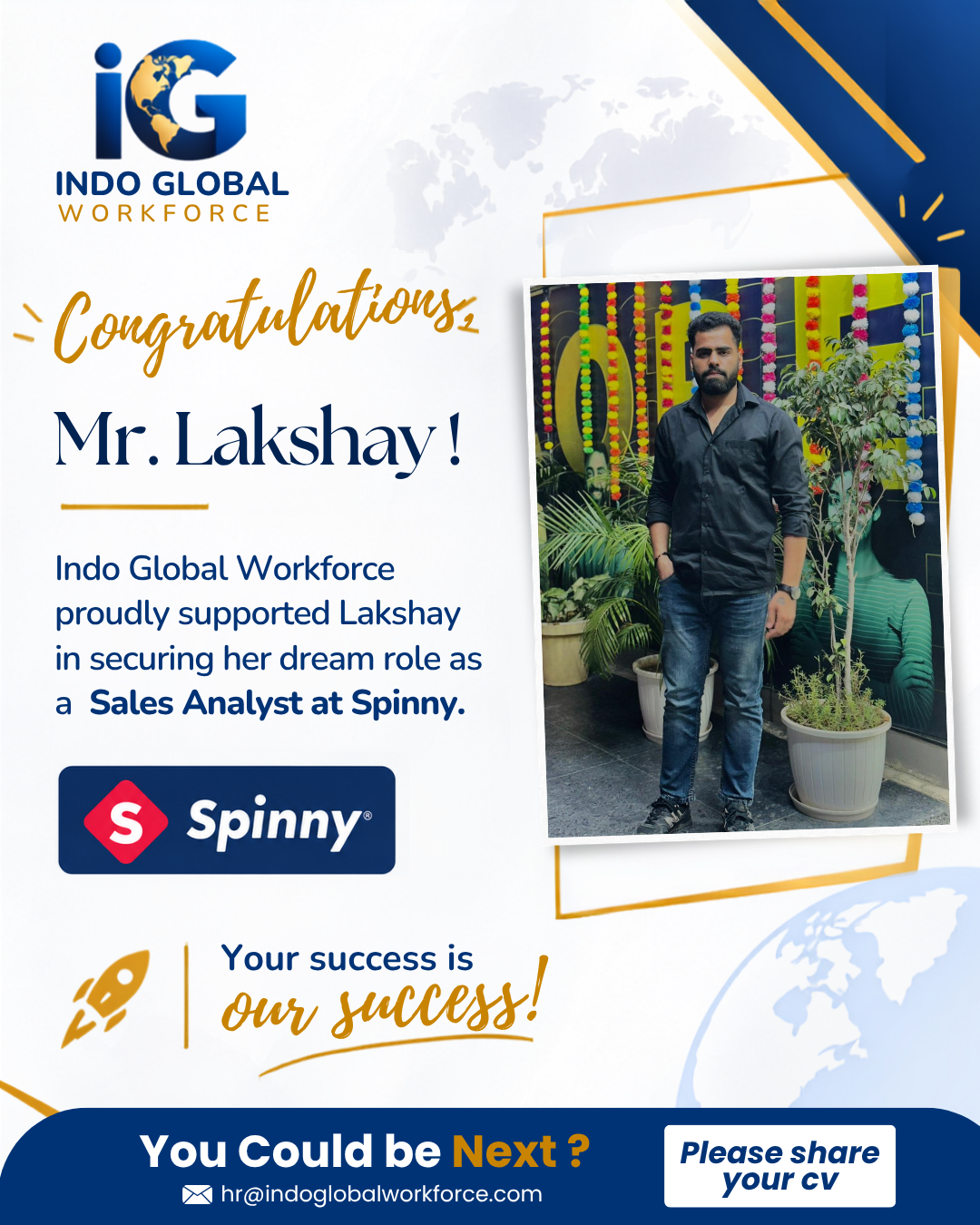 Lakshay placed as Sales Analyst at Spinny with support from Indo Global Workforce